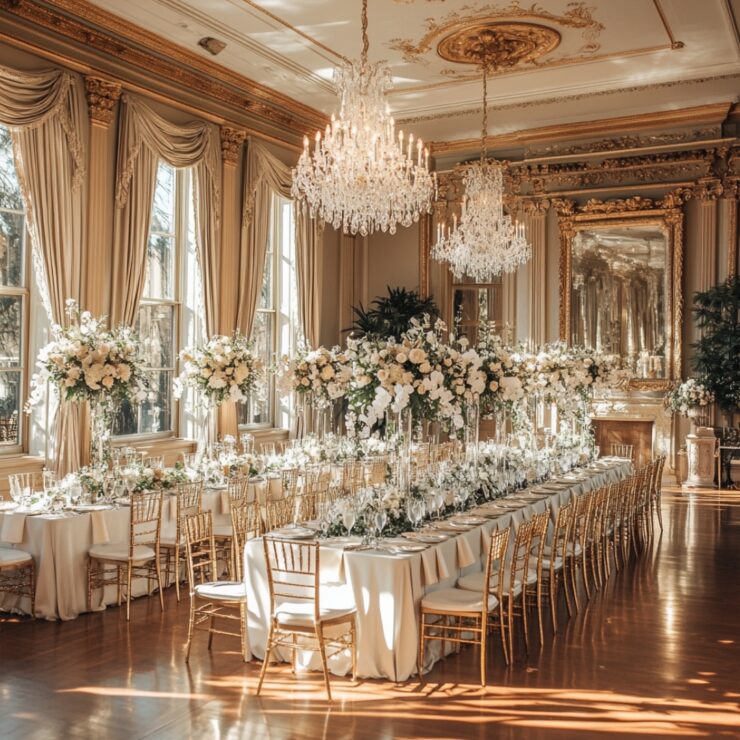 A beautifully arranged historic mansion wedding scene, capturing the timeless elegance and personalized touches that create a memorable experience for the couple and their guests.