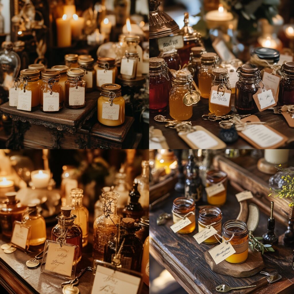 Personalized historic-themed wedding favors displayed on a table, including jars of local honey, hand-poured candles, and vintage-inspired keychains, with heartfelt notes explaining their significance.