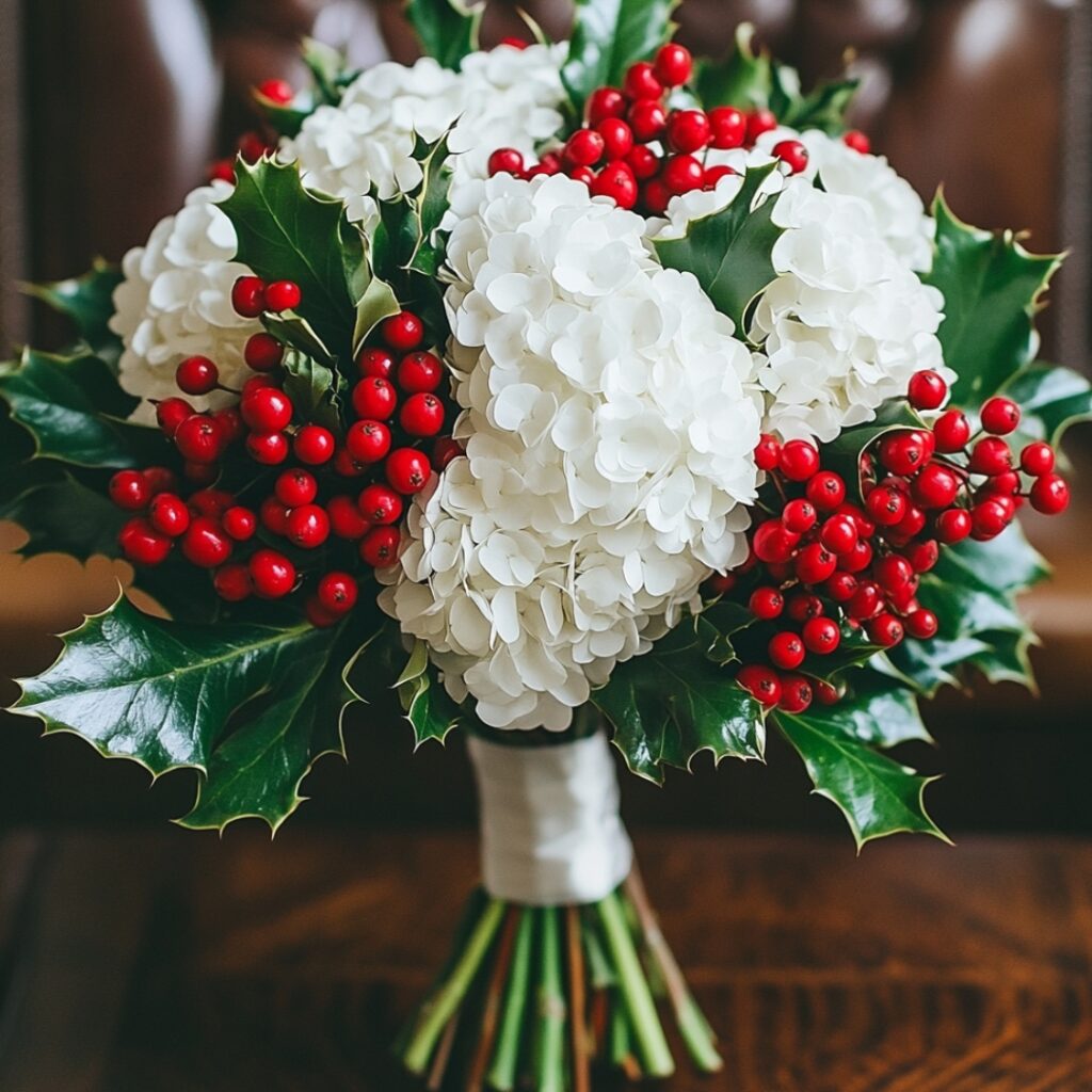 A festive December wedding bouquet featuring lush white hydrangeas and holly with bright red berries for a seasonal touch.