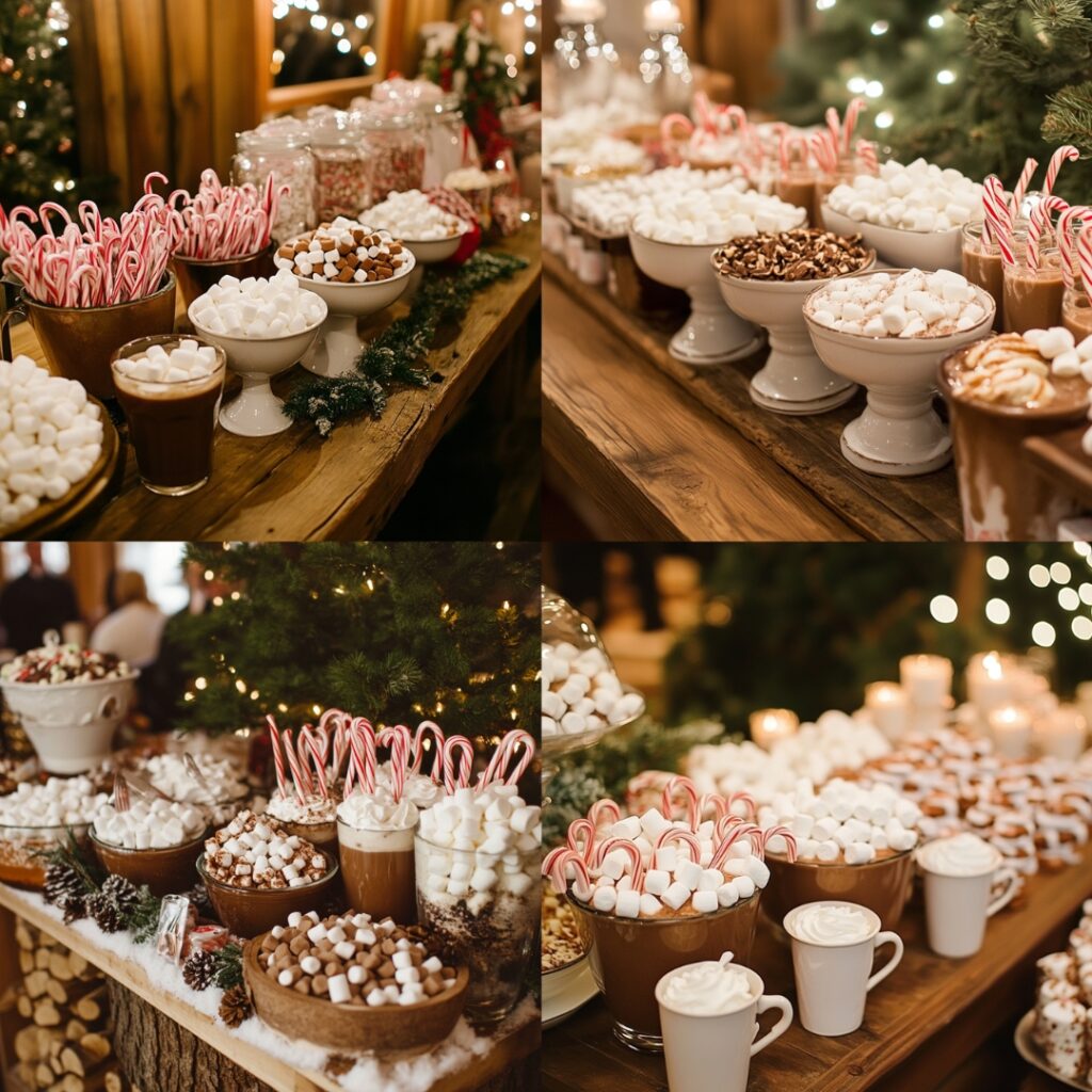 A cozy hot cocoa and cider bar at a winter wedding, offering toppings like marshmallows, whipped cream, and candy canes for guests to customize.