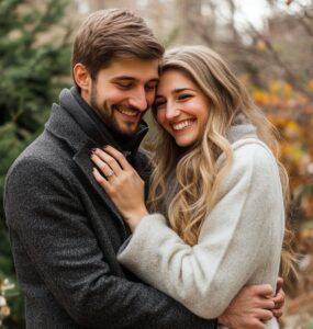 A joyful couple embracing after an engagement proposal, symbolizing the excitement and love that comes with preparing for this significant life event.