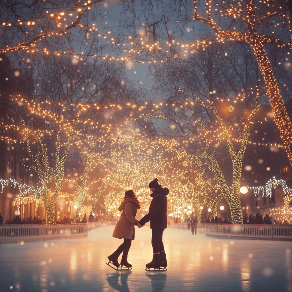 A couple on an ice skating rink, surrounded by twinkling holiday lights, with one partner kneeling down in the center to propose, creating a wintery romantic moment.