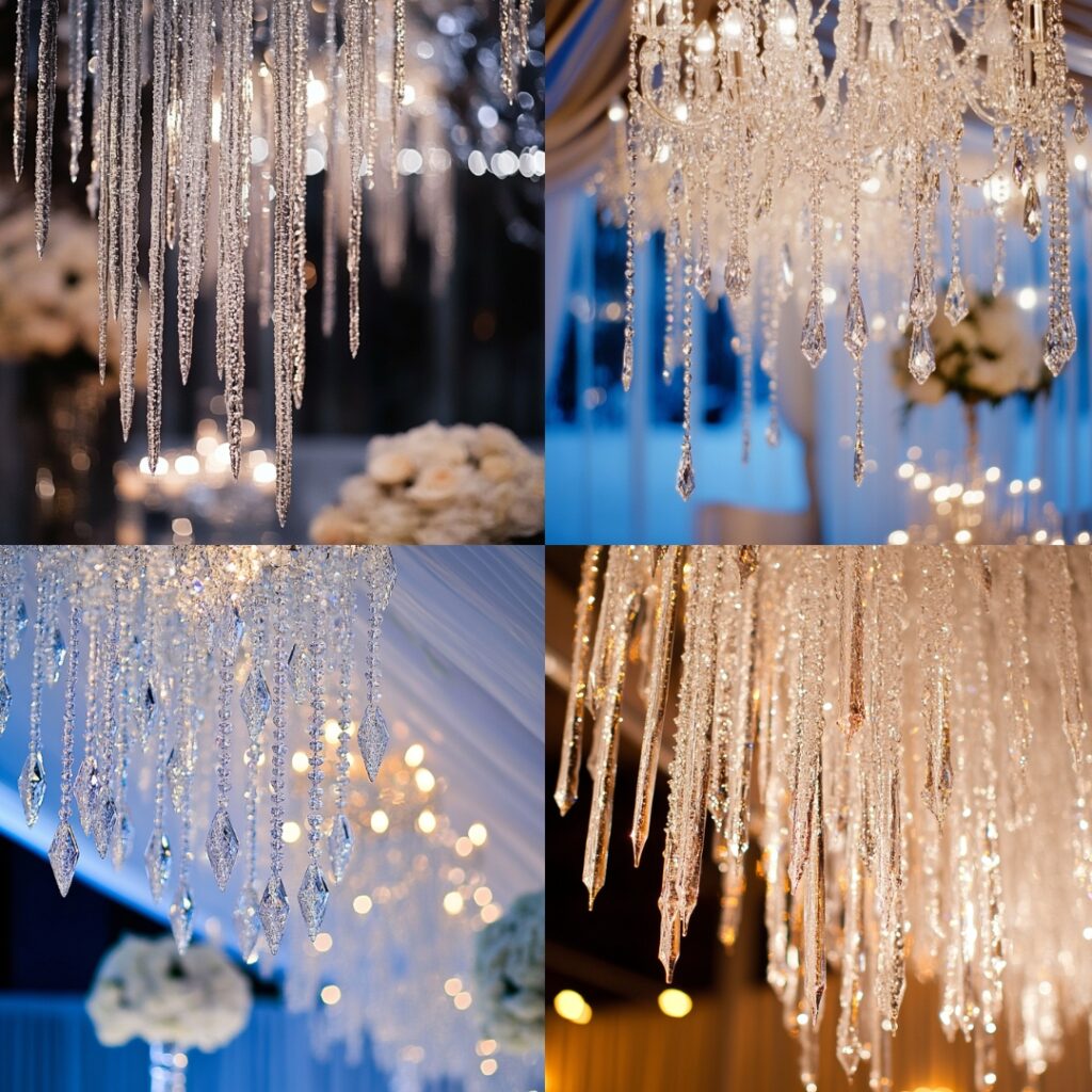 Icicle-inspired chandelier with crystal beads and glass pieces hanging above the dance floor, reflecting light to create a luxurious, wintry ambiance at a December wedding.