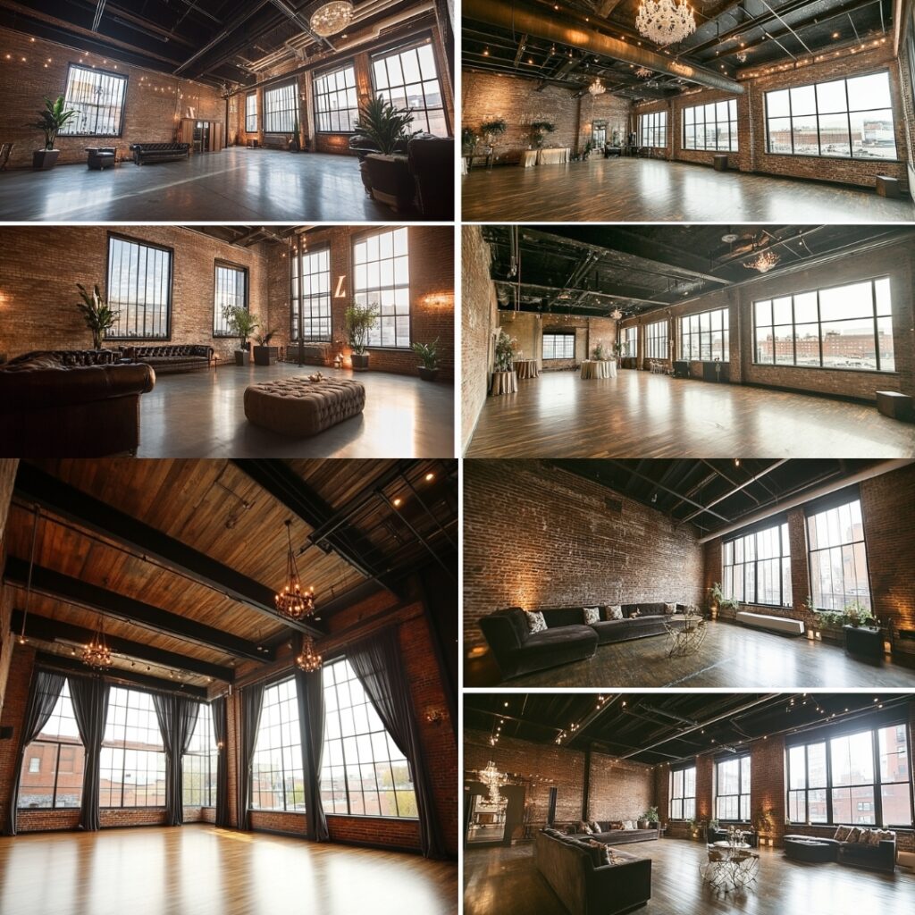Modern industrial loft wedding venue with high ceilings, exposed brick, and large windows, ideal for a chic New Year's wedding with customizable décor.