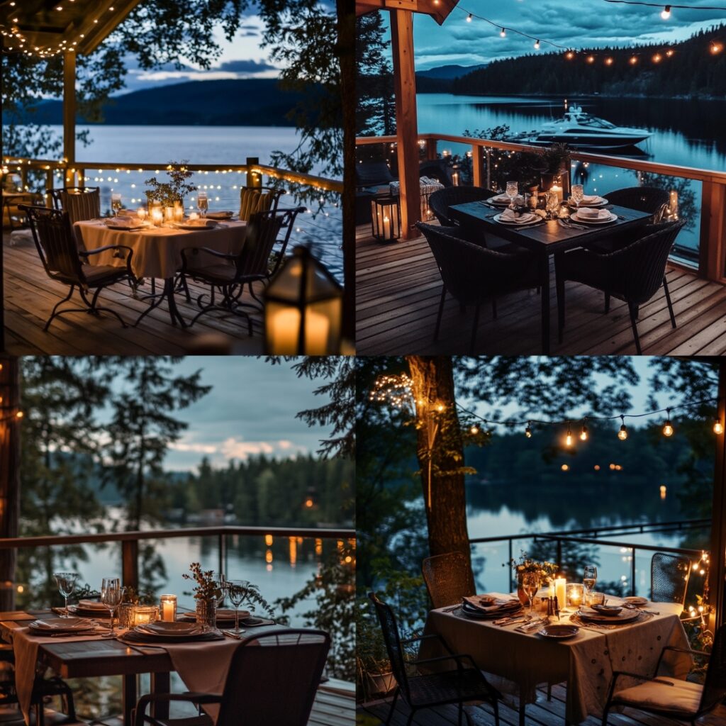 A romantic lakeside cabin setup for a proposal, featuring a candlelit dinner on the deck with fairy lights and scenic views under the stars.