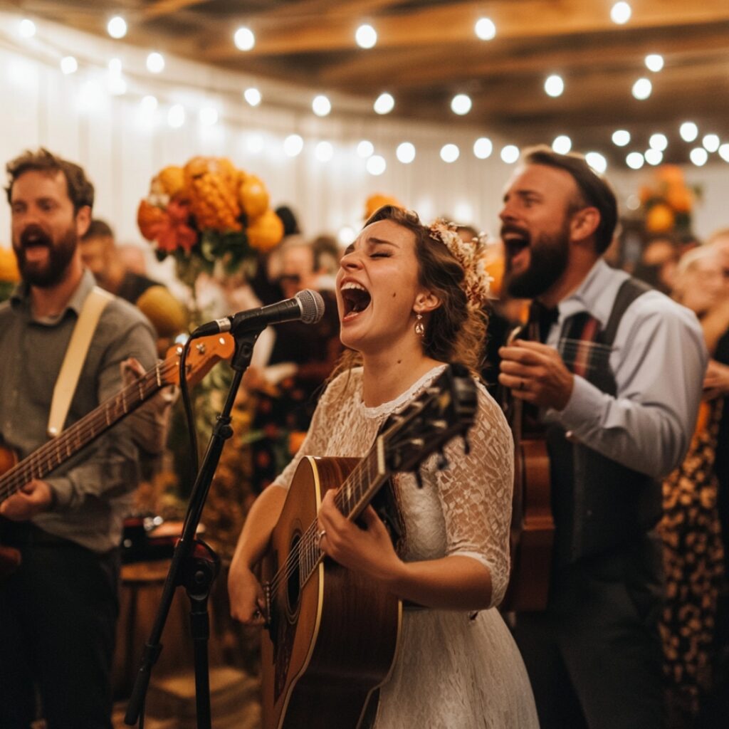 A lively Thanksgiving wedding reception scene with live entertainment, featuring a folk band, guests dancing, and a photo booth with fun Thanksgiving props.