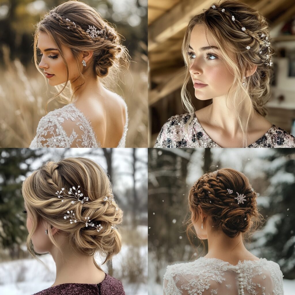 Bride showcasing a loose braided updo with crystal pins, adding boho charm and subtle sparkle for an ethereal New Year’s look.