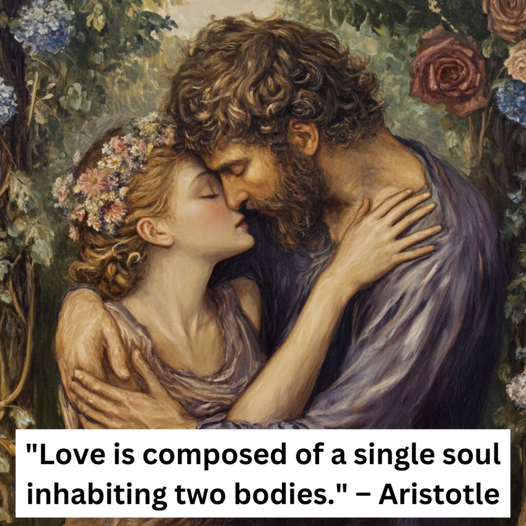 A quote by Aristotle about love uniting two souls, symbolizing the emotional bond between engaged couples and their journey together.