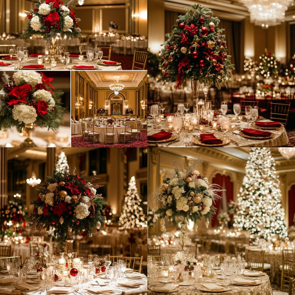 An upscale city hotel venue featuring grand ballrooms, sophisticated holiday decor, and city views, perfect for an elegant and festive Christmas wedding.