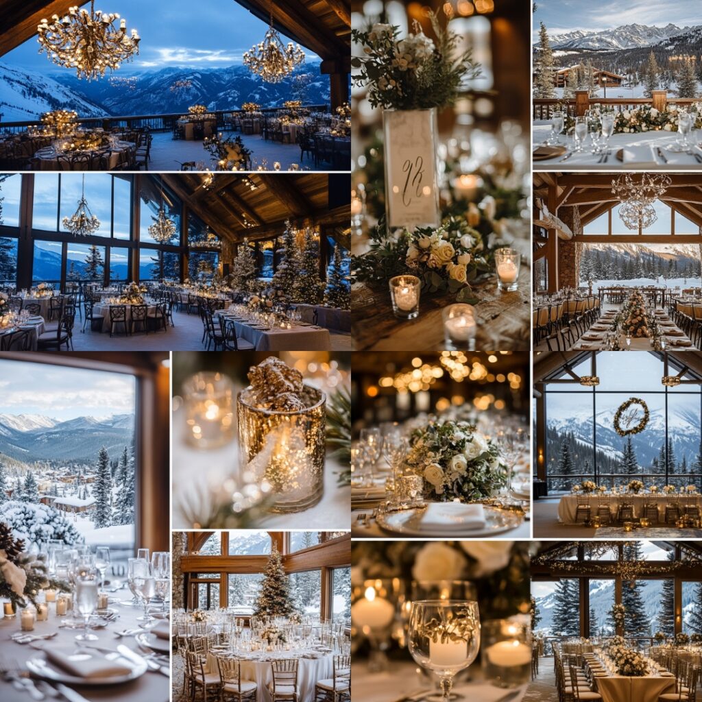 A luxurious ski resort venue with breathtaking mountain views, combining outdoor winter adventure and chic indoor elegance for an unforgettable Christmas wedding.