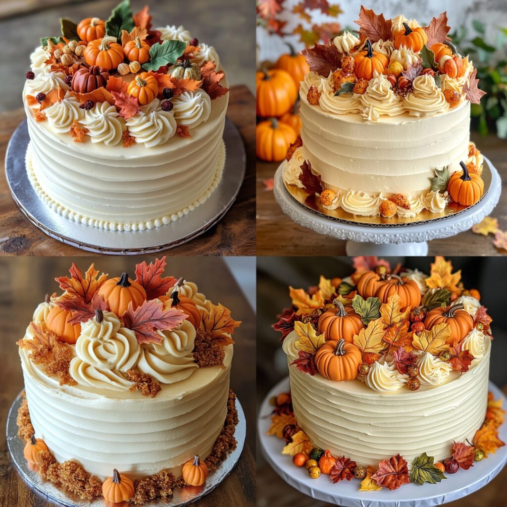 A moist Maple Buttercream Cake with vanilla or spice cake layers, topped with maple-infused buttercream and decorated with autumn leaves and miniature pumpkins.