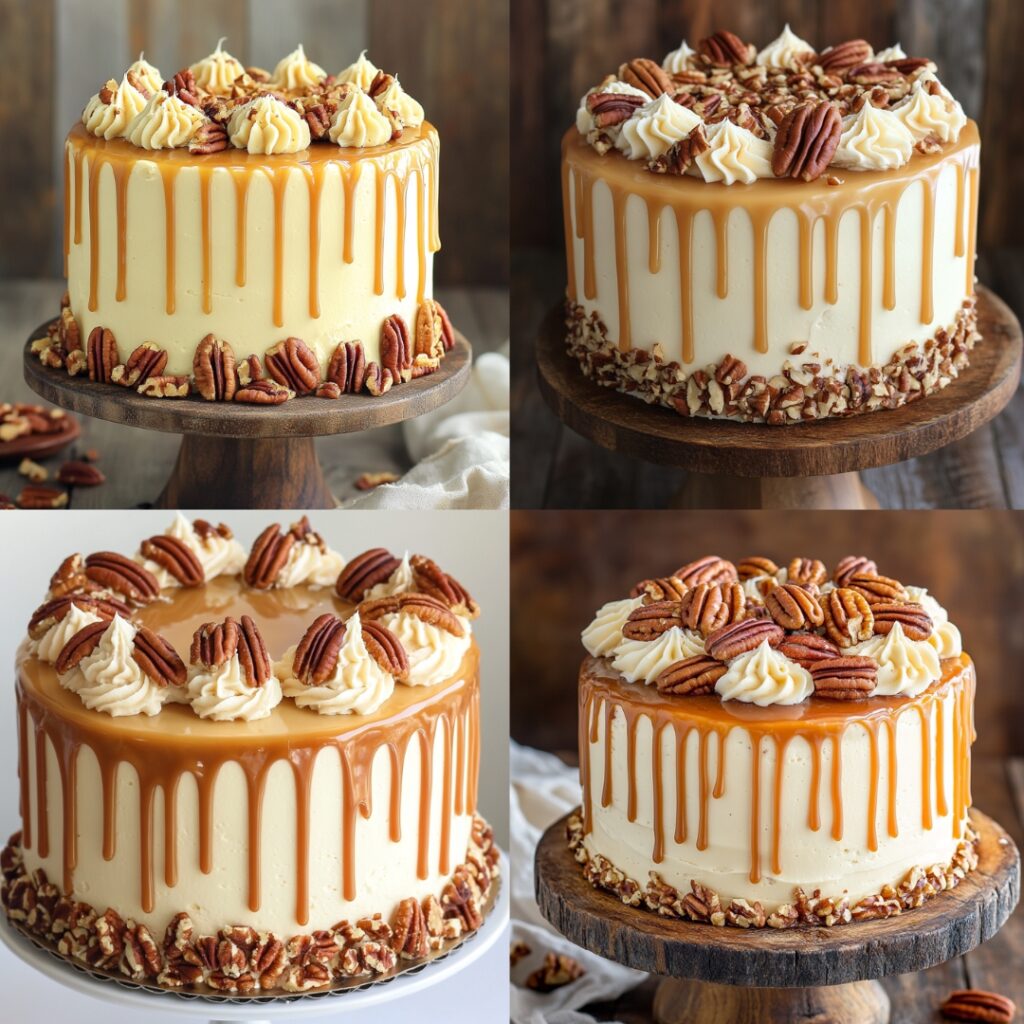 Delightful maple pecan cake with rich maple flavor, frosted with velvety maple buttercream, and decorated with caramel drizzles and toasted pecans.