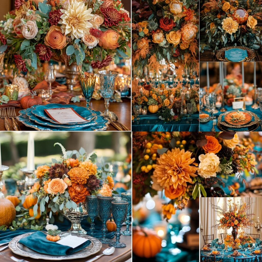 A fresh wedding design blending warm maple tones with cool teal, featuring floral arrangements and decor that bring vibrant energy to a Thanksgiving celebration.