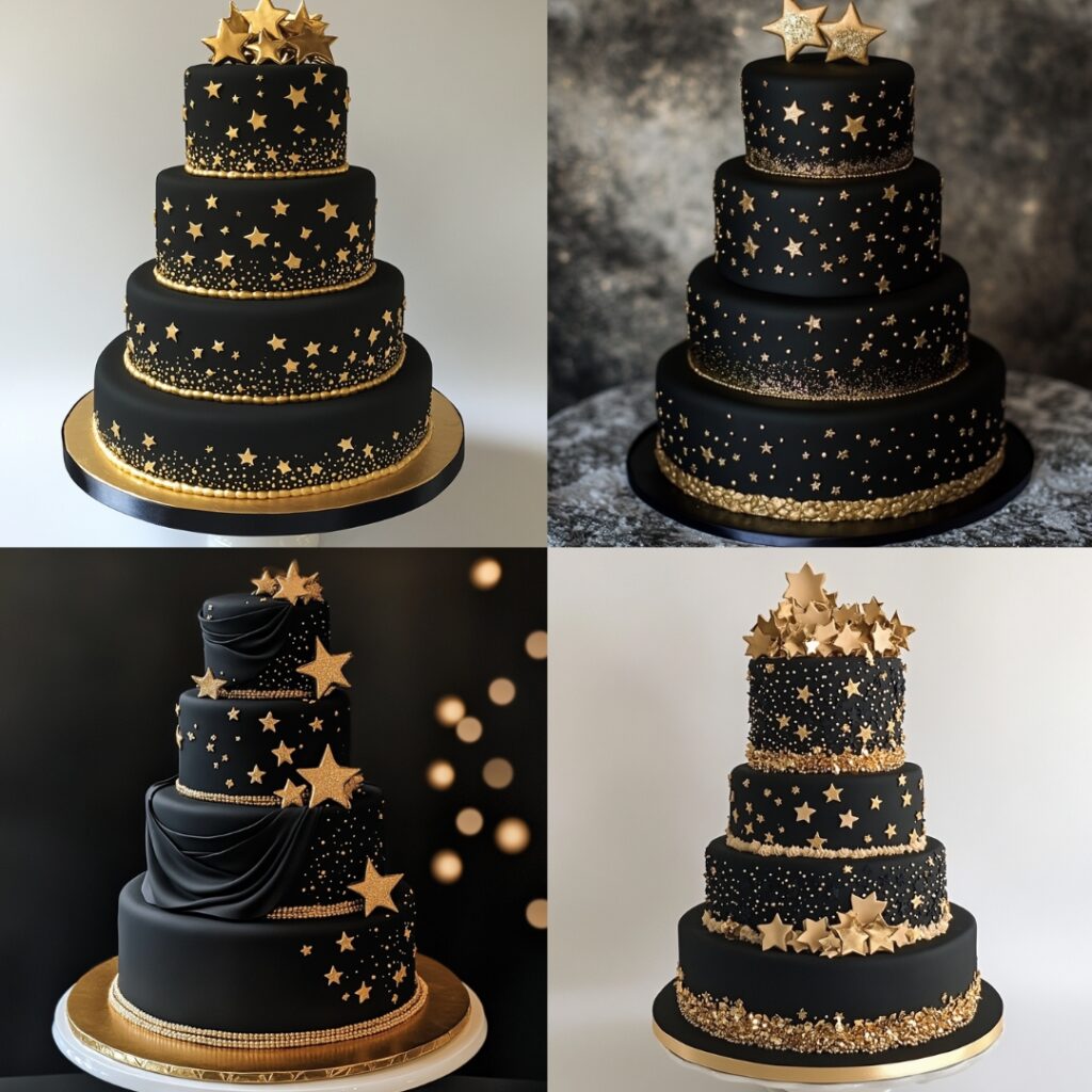 Sophisticated black and gold wedding cake with black fondant, edible gold leaf, and shimmering gold stars, ideal for a formal New Year's wedding.