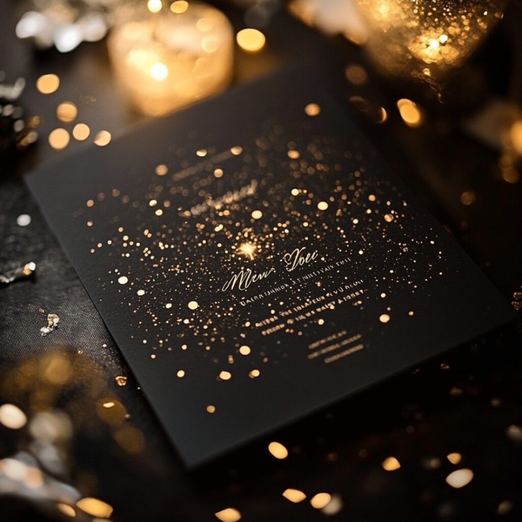 Dark New Year's wedding invitation with gold or silver confetti detailing, creating a midnight sparkle effect, perfect for capturing a festive, countdown-to-love theme.