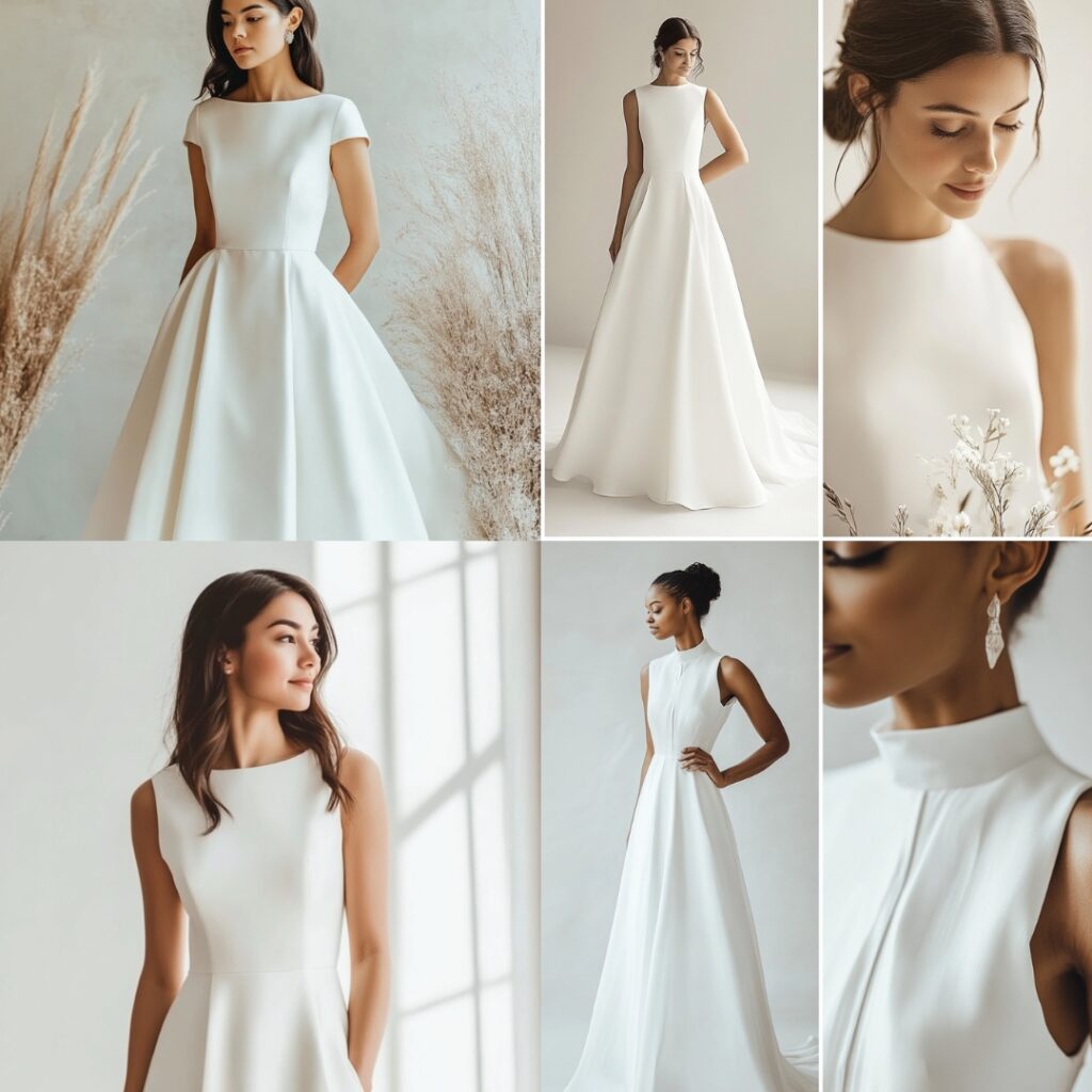 A minimalist wedding dress showcasing clean lines and sophisticated fabrics, offering an effortlessly chic option for modern brides.