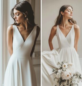 An array of minimalist wedding dresses showcasing clean lines and subtle details, emphasizing elegance and simplicity for the modern bride on her wedding day.