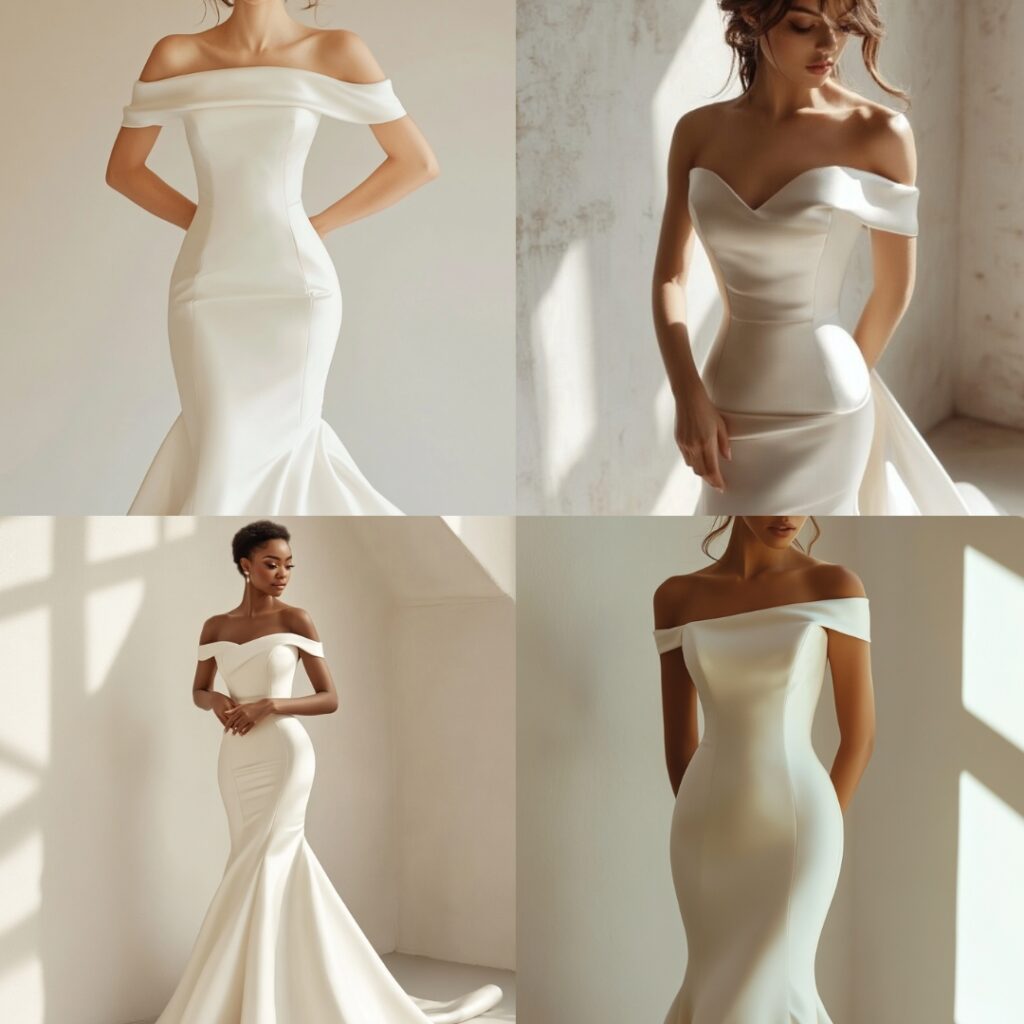 A chic modern off-shoulder mermaid dress with a fitted bodice and flared skirt, made from sleek satin, showcasing a sophisticated bridal look.
