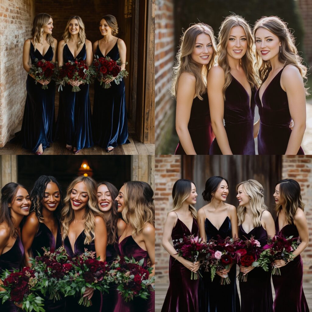 Bridesmaids in luxurious velvet dresses in rich shades of navy and burgundy, showcasing fitted silhouettes that highlight their curves, paired with chic heels and minimalistic accessories.