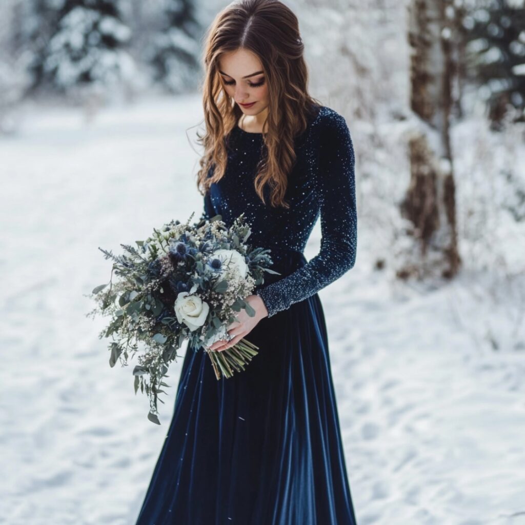 Navy blue long-sleeve bridesmaid dress offering warmth and sophistication, ideal for a winter wedding with silver accents and a wintry aesthetic.