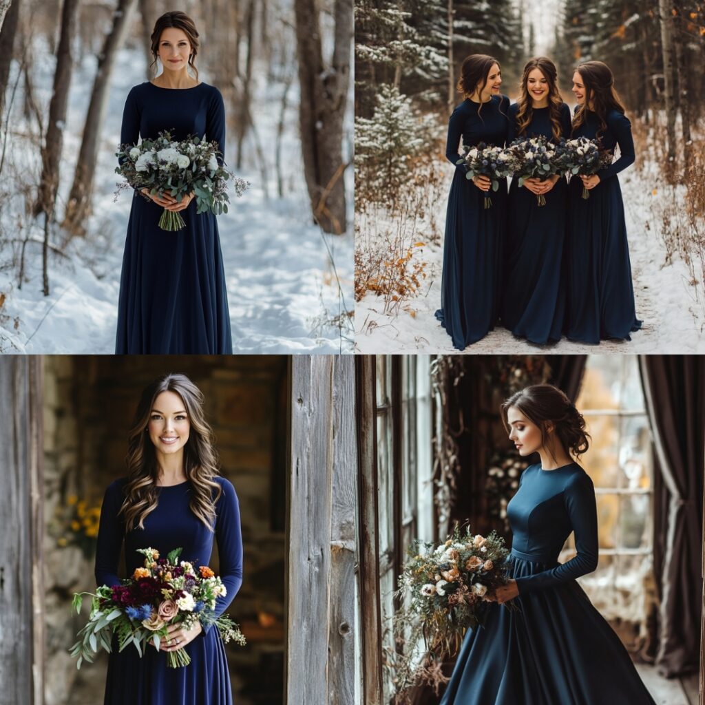 Bridesmaid in a navy blue long-sleeved gown with a floor-length A-line silhouette, offering warmth and style for a cozy winter wedding.