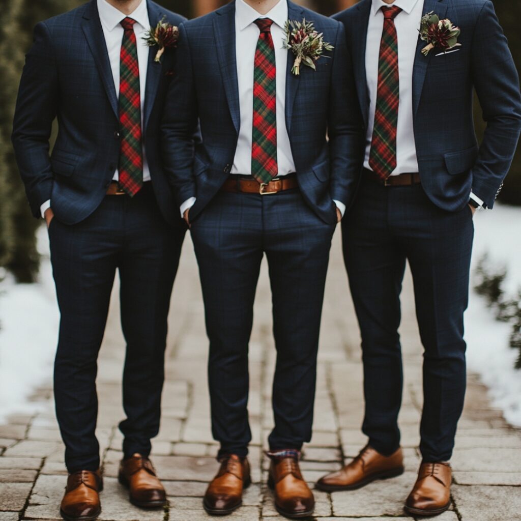 Groomsmen wearing navy blue suits with red and green plaid ties, accessorized with brown leather shoes, ideal for a sophisticated winter wedding look.