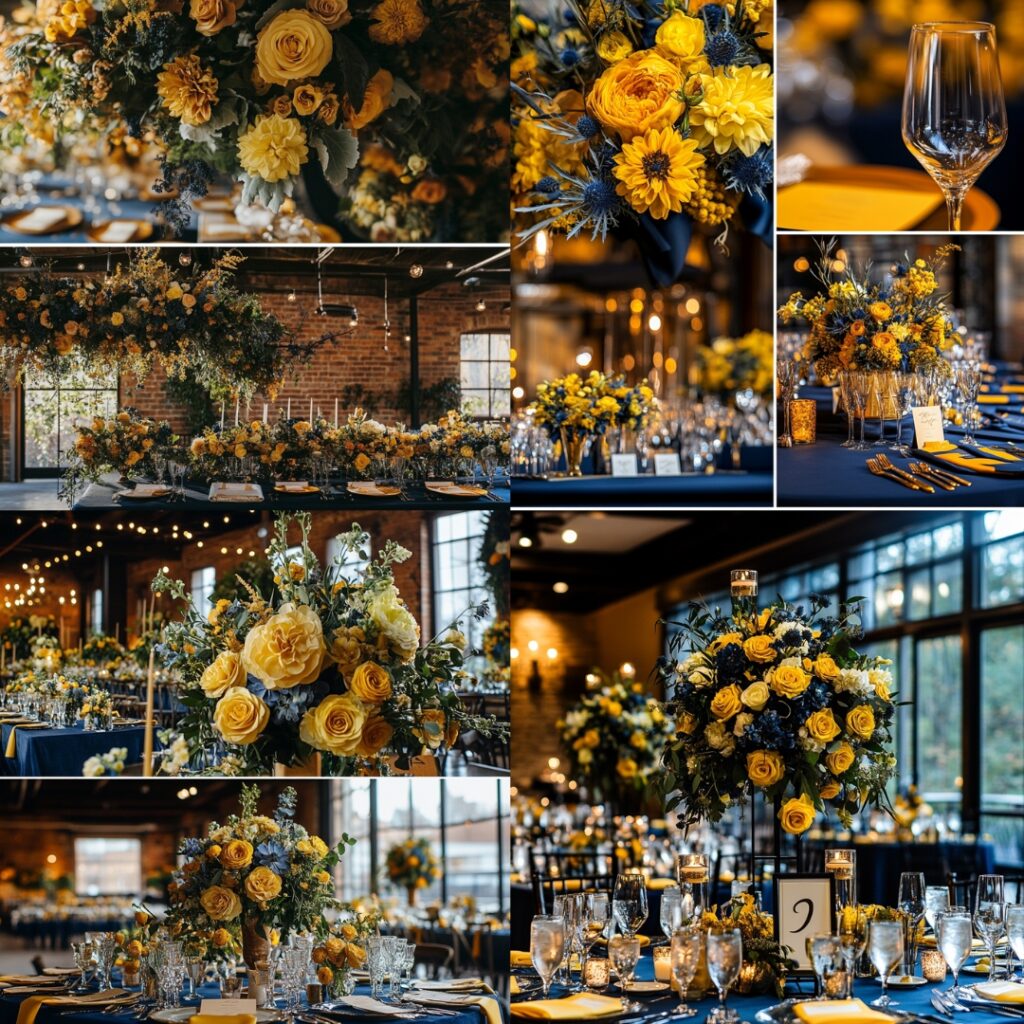 Bold wedding decor displaying a navy blue and mustard yellow palette, with striking floral arrangements and table settings that create a warm, inviting atmosphere.