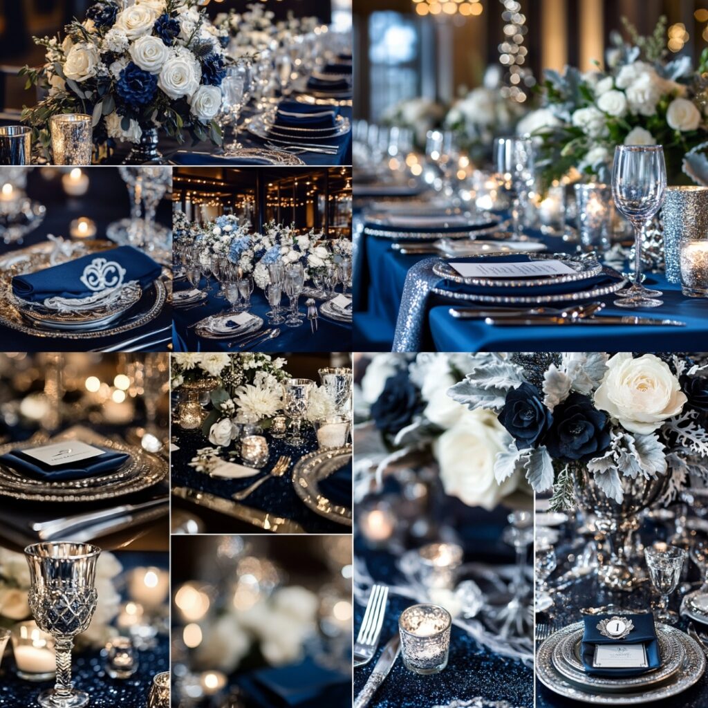 Chic navy blue and silver wedding decor featuring metallic accents, navy bridesmaid dresses, and sparkling silver tableware for a sophisticated winter celebration.