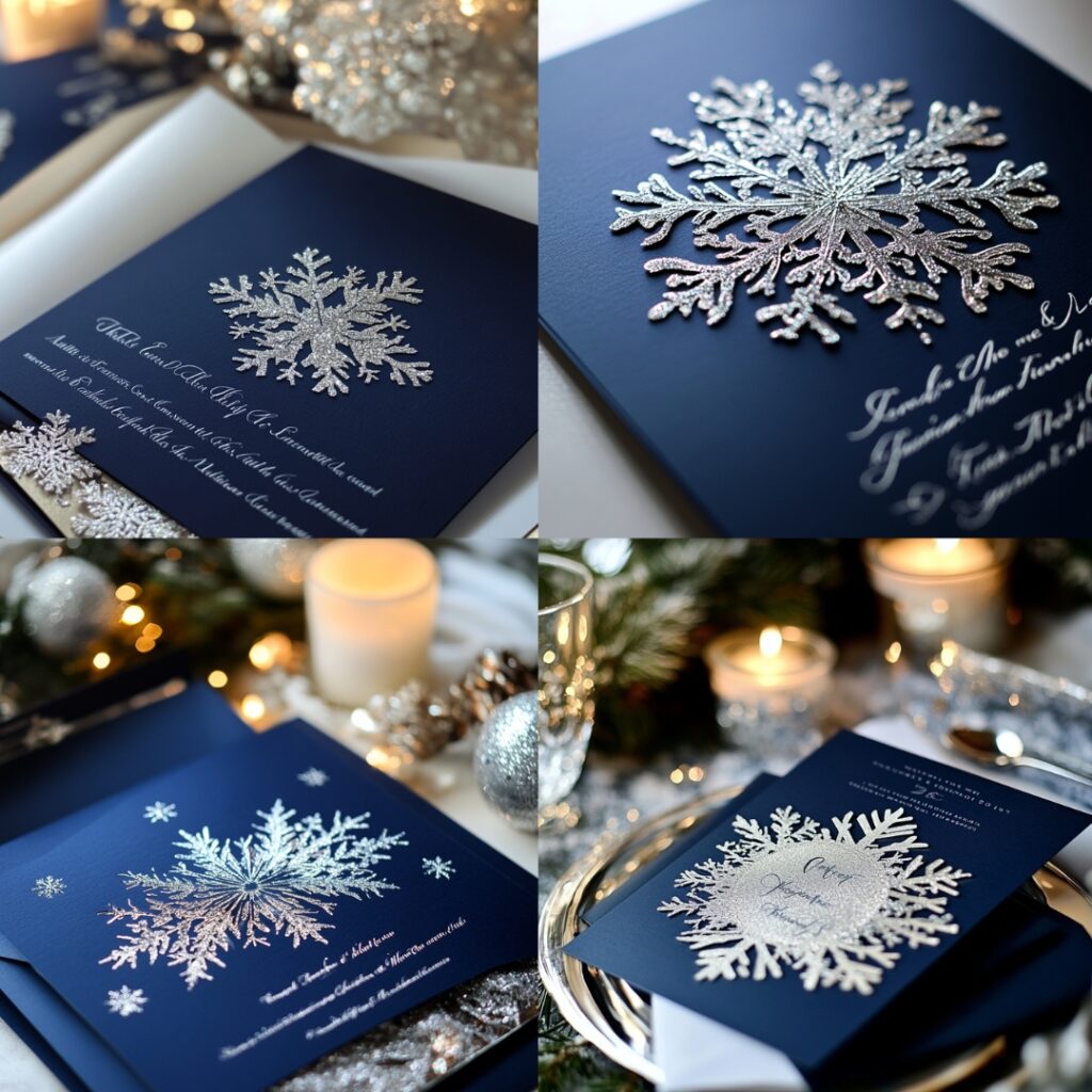 A navy and silver foil wedding invitation with modern typography and shimmering snowflake designs, perfect for a chic evening winter wedding.