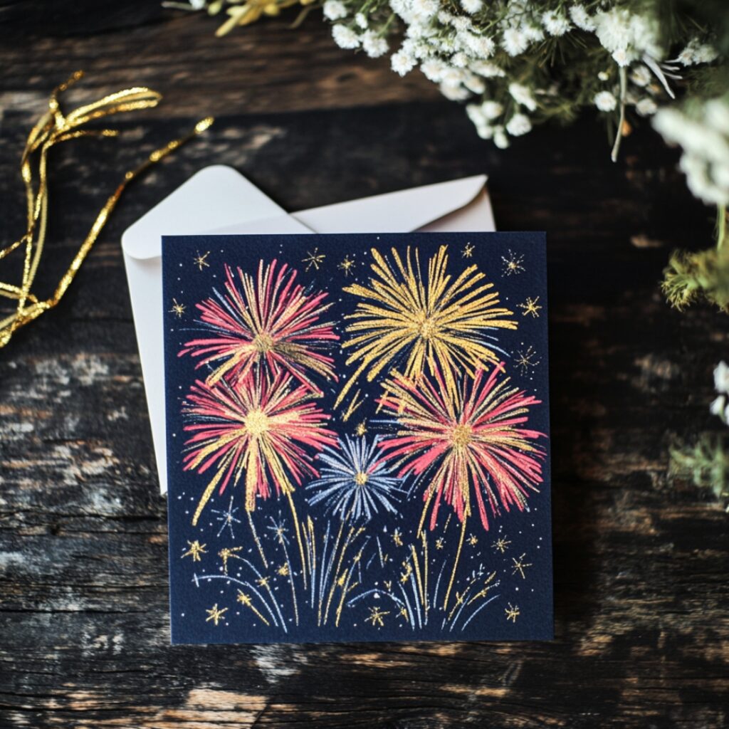 Festive New Year's wedding invitation with colorful fireworks against a dark background, enhanced with gold or silver foil accents for a lively and celebratory look.