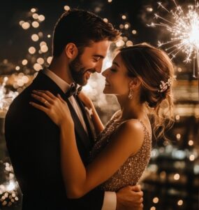 Couple celebrating New Year’s Eve with a sparkling backdrop, embracing the start of a new chapter and the romance of a proposal filled with love and commitment.