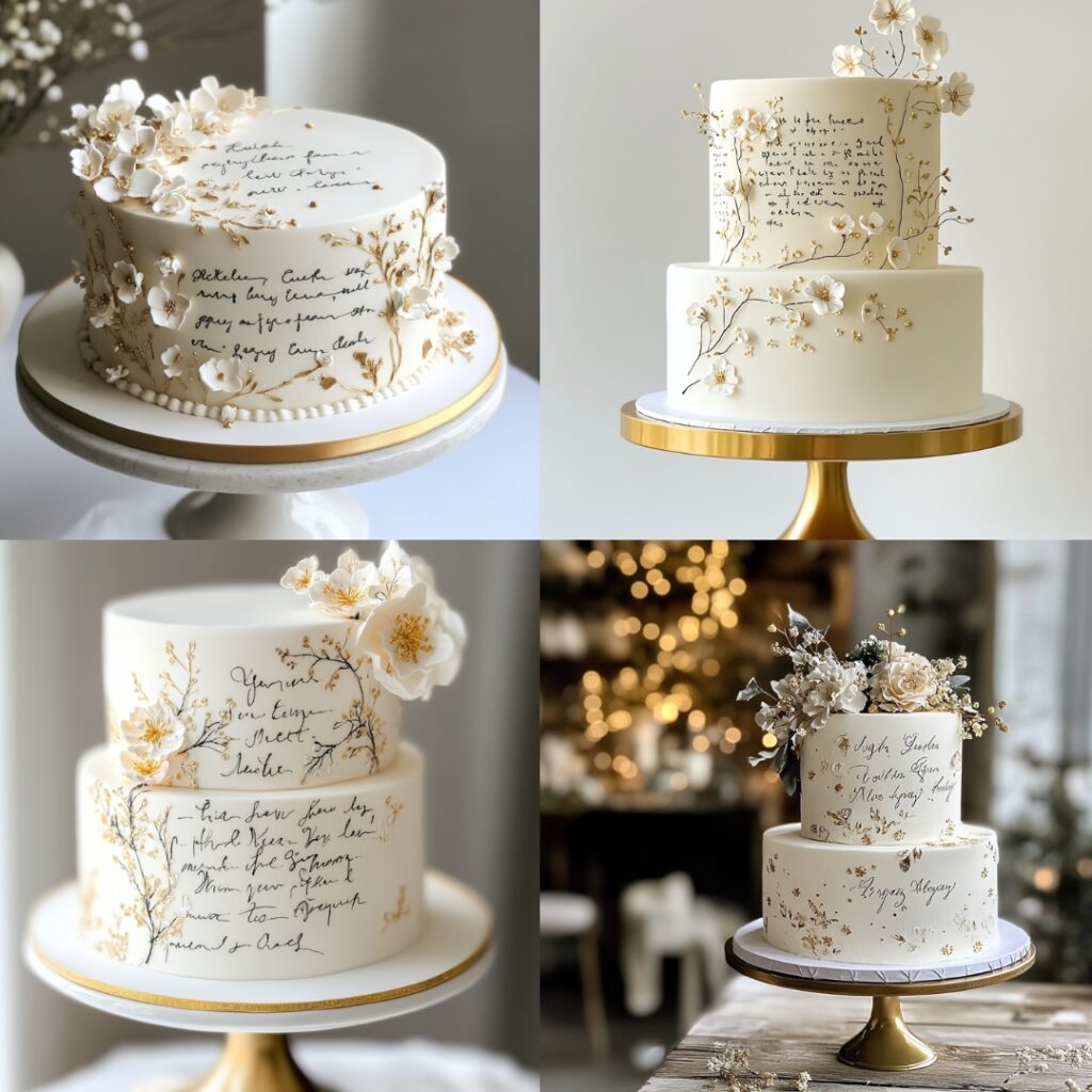 Inspirational wedding cake with resolutions written in edible ink, featuring a simple white background, gold accents, and delicate floral touches for New Year's.