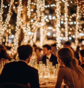 Image of a beautifully decorated New Year's Eve wedding venue with glittering lights, elegant decor, and guests dressed in formal attire, capturing a festive and romantic atmosphere.