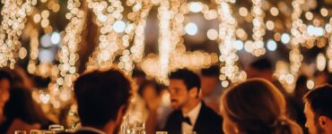 Image of a beautifully decorated New Year's Eve wedding venue with glittering lights, elegant decor, and guests dressed in formal attire, capturing a festive and romantic atmosphere.