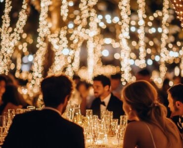 Image of a beautifully decorated New Year's Eve wedding venue with glittering lights, elegant decor, and guests dressed in formal attire, capturing a festive and romantic atmosphere.