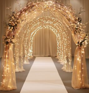New Year’s wedding arch ideas showcasing glitz, glamour, and romance, with styles from glittering designs to dreamy starry setups, perfect for an unforgettable ceremony backdrop.