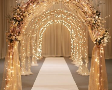 New Year’s wedding arch ideas showcasing glitz, glamour, and romance, with styles from glittering designs to dreamy starry setups, perfect for an unforgettable ceremony backdrop.