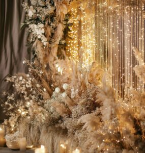 New Year’s wedding setup with sparkling backdrop and festive décor, creating a romantic and celebratory atmosphere to ring in new beginnings.
