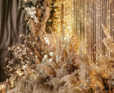 New Year’s wedding setup with sparkling backdrop and festive décor, creating a romantic and celebratory atmosphere to ring in new beginnings.