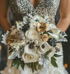 New Year’s wedding bouquet ideas introduction with festive sparkle and elegance, showcasing bouquets in metallics, bold color contrasts, classic whites, silver accents, and black and gold tones for a winter celebration with timeless charm.