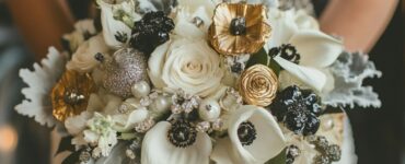 New Year’s wedding bouquet ideas introduction with festive sparkle and elegance, showcasing bouquets in metallics, bold color contrasts, classic whites, silver accents, and black and gold tones for a winter celebration with timeless charm.