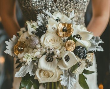 New Year’s wedding bouquet ideas introduction with festive sparkle and elegance, showcasing bouquets in metallics, bold color contrasts, classic whites, silver accents, and black and gold tones for a winter celebration with timeless charm.