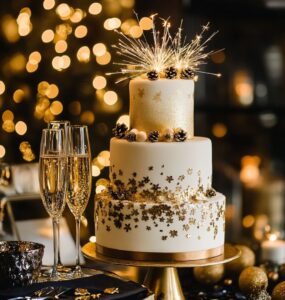 New Year's wedding cake ideas featuring elegant and festive designs, from champagne-inspired cakes to bold metallic accents, perfect for couples celebrating their wedding and the new year with a joyful and dazzling cake centerpiece.