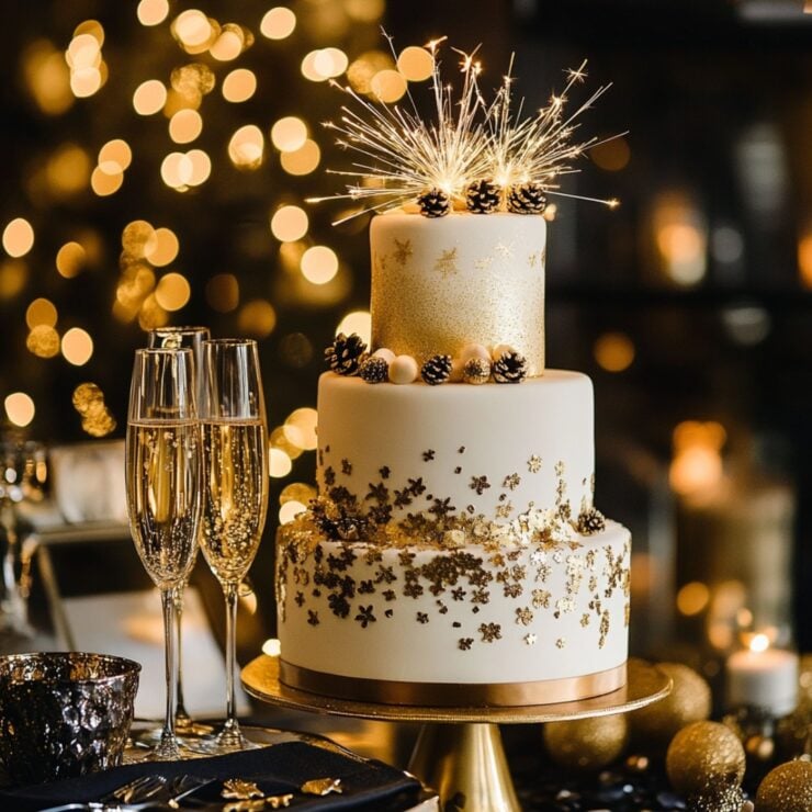 New Year's wedding cake ideas featuring elegant and festive designs, from champagne-inspired cakes to bold metallic accents, perfect for couples celebrating their wedding and the new year with a joyful and dazzling cake centerpiece.
