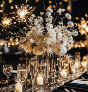 New Year's wedding celebration featuring elegant and glamorous centerpiece designs, from champagne-themed displays to firework-inspired florals, adding sparkle, glow, and midnight magic to the tables for an unforgettable start to a new chapter.