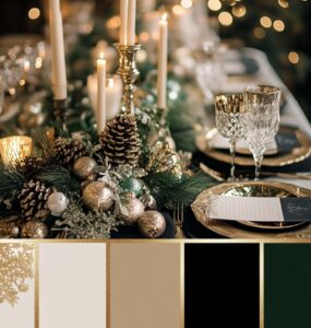 Overview of elegant New Year's Eve wedding color palette options, including classic black and gold, silver and white, and fresh choices like emerald green and gold, perfect for a festive celebration.