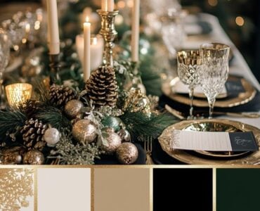 Overview of elegant New Year's Eve wedding color palette options, including classic black and gold, silver and white, and fresh choices like emerald green and gold, perfect for a festive celebration.