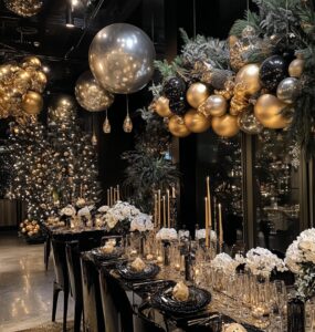 New Year’s wedding celebration setup featuring elegant decor in gold, black, and silver, creating a festive and romantic atmosphere.