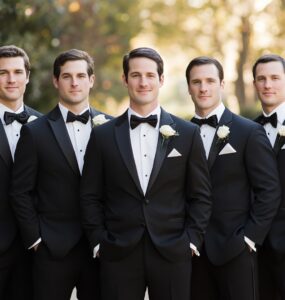 An elegant New Year's wedding scene featuring groomsmen dressed in classic black-tie attire, showcasing timeless black tuxedos, white shirts, and sophisticated black bow ties, adding sophistication and festive flair to the celebration.