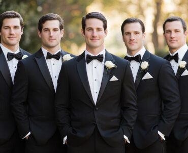 An elegant New Year's wedding scene featuring groomsmen dressed in classic black-tie attire, showcasing timeless black tuxedos, white shirts, and sophisticated black bow ties, adding sophistication and festive flair to the celebration.